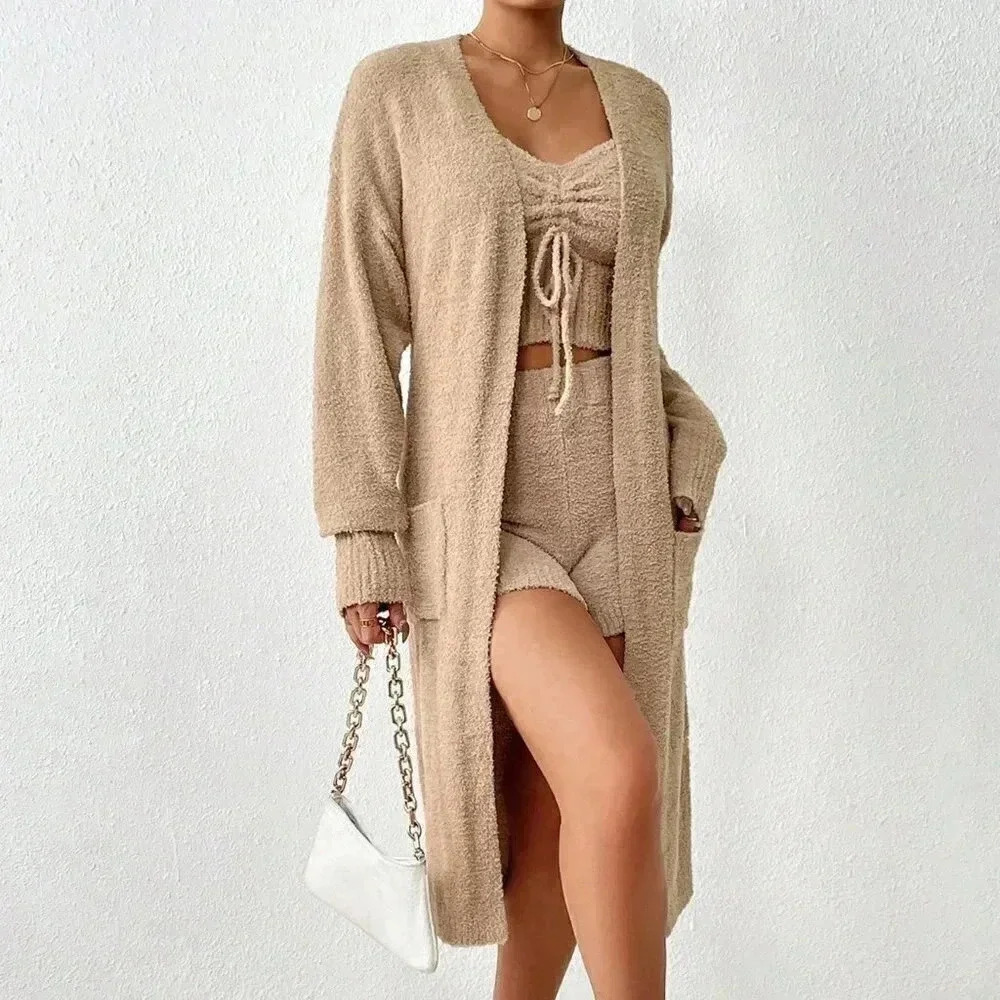 Tan Casual Womens Drop Shoulder Drawstring Cardigan & Knit Top & Knit Shorts